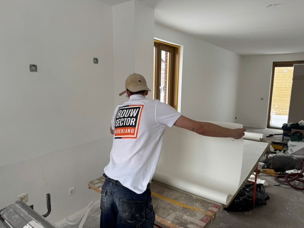 Vakman rolt op de plaktafel een baan renovlies uit in een woning die wordt afgewerkt