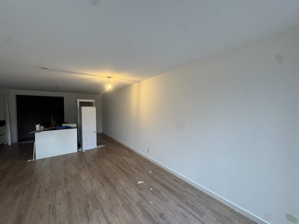 Open woonkamer met keukenblok en een lange, gladde witte wand